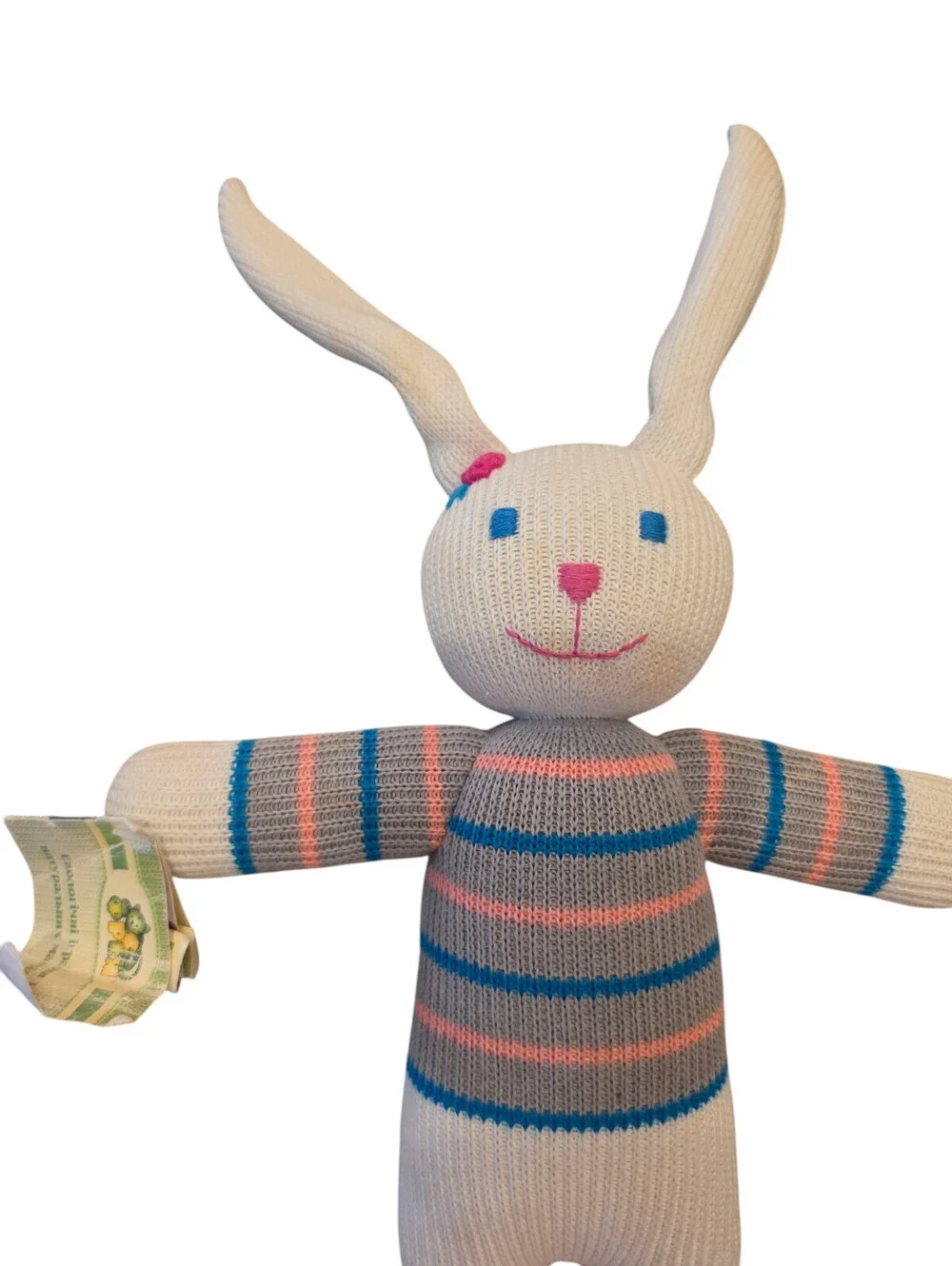 Vintage Knit Crochet Plush Stuffed Animal Bunny Rabbit Pastel Striped Easter
